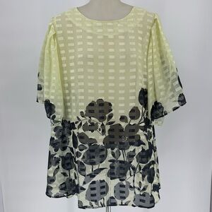 Reborn 1x Blouse floral Sheer Zip Balloon Blossom Flutter Top Pretty